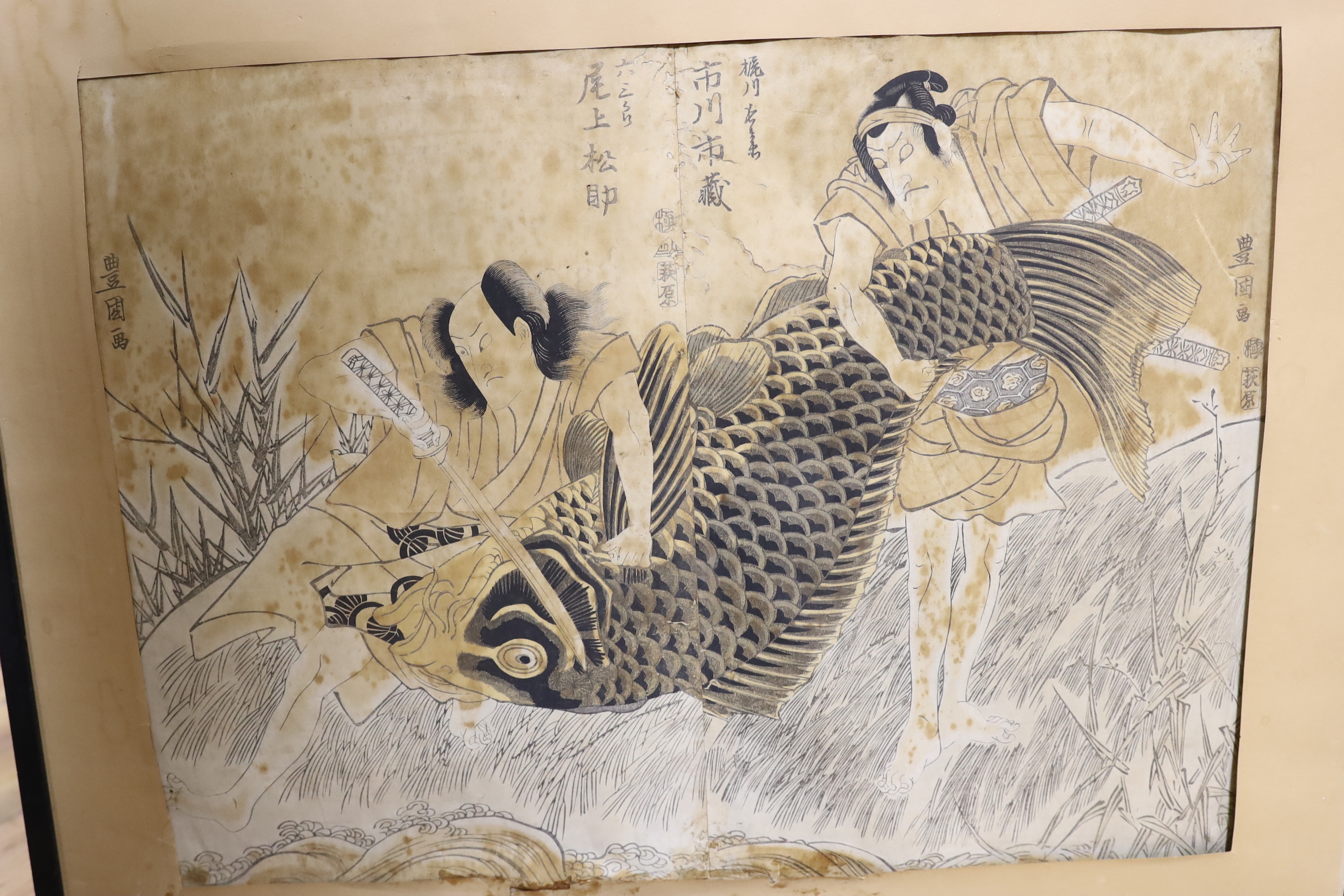 A collection of Japanese woodblock prints, including one after Moriya Jihei (Kinshindo - Mori) and one after Toyokuni, largest 38 x 50cm